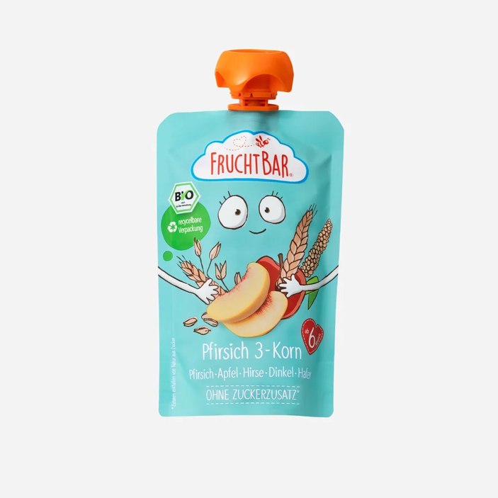 100% Recykovateľné ovocné vrecko s jablkom, broskyňou, marhuľami a ovsom BIO