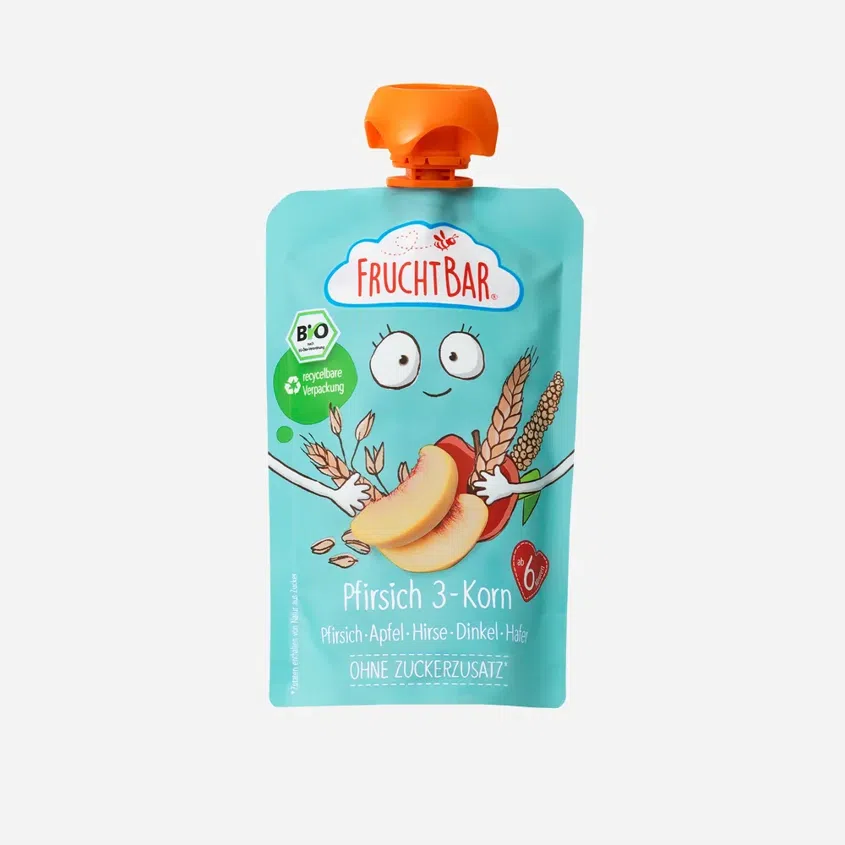 100% Recykovateľné ovocné vrecko s jablkom, broskyňou, marhuľami a ovsom BIO