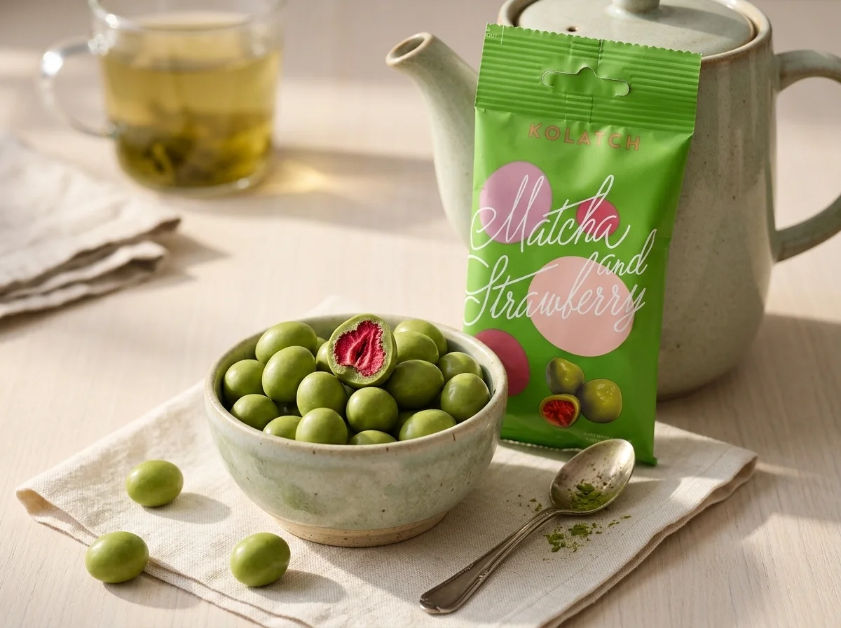Matcha a jahoda dražé
