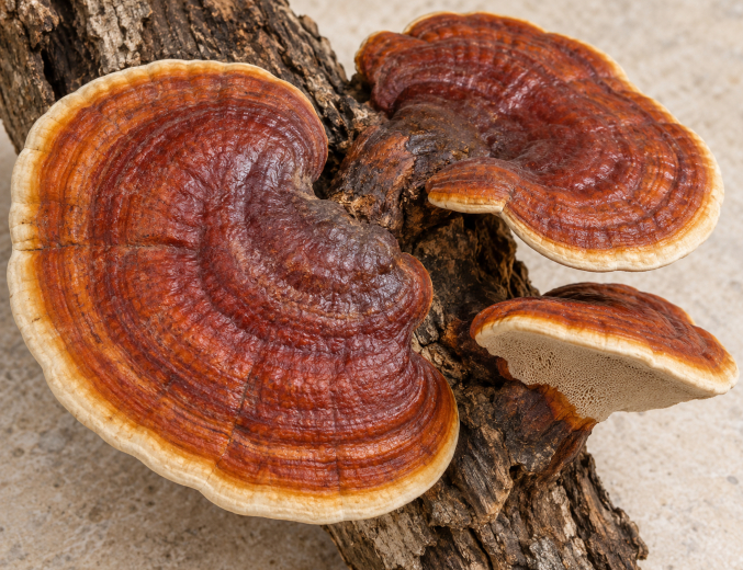 Červenohnedé plodnice reishi rastúce na kuse dreva.