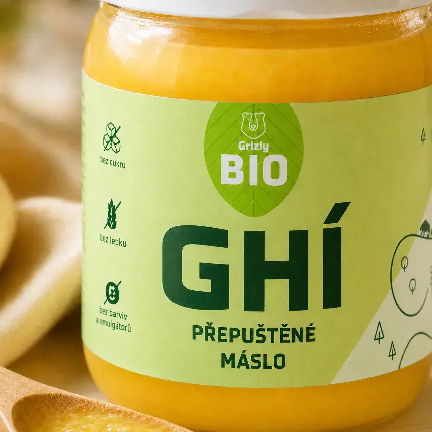 Detail obalu prepusteného masla GRIZLY Ghí s označením BIO