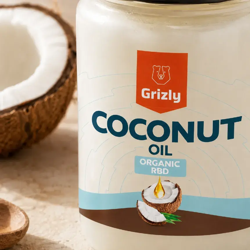 Detail obalu GRIZLY kokosového oleja s označením Organic