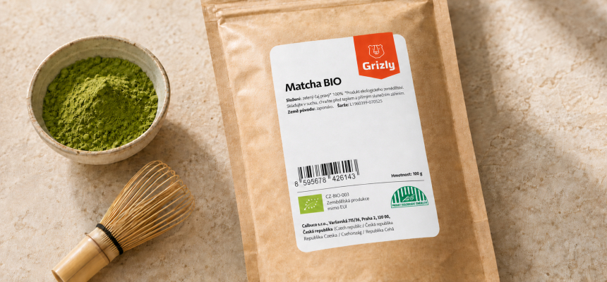 Detail obalu GRIZLY Matcha BIO s eurolístkom, biozebrou a kódom CZ-BIO-003