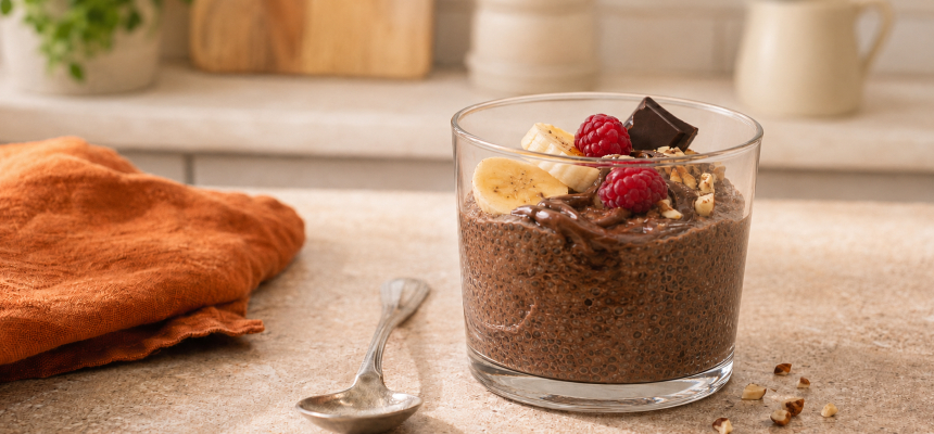 Čokoládový chia puding s banánom, malinami, orieškami a čokoládou.