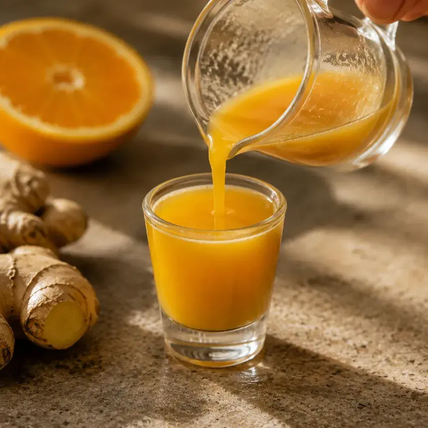 Nalievanie hotového ginger shotu do malého pohára