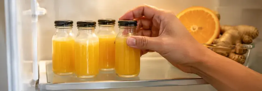 Domáce ginger shoty pripravené v malých fľaštičkách v chladničke