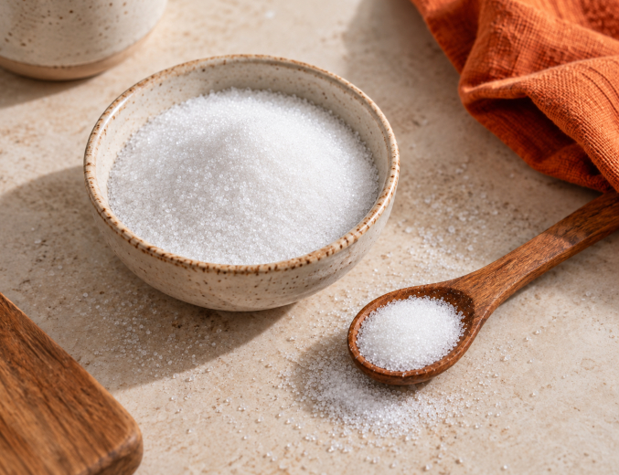 Erythritol v keramickej miske a na drevenej lyžičke