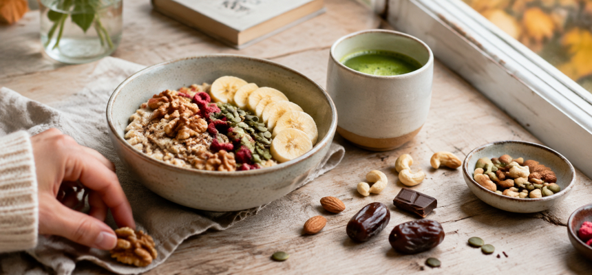 Ovsená kaša s orechmi, ovocím, semienkami a matcha čajom proti únave