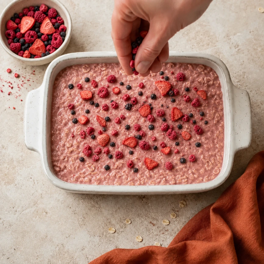 Príprava ovocných baked oats s lyofilizovanými jahodami, malinami a čučoriedkami