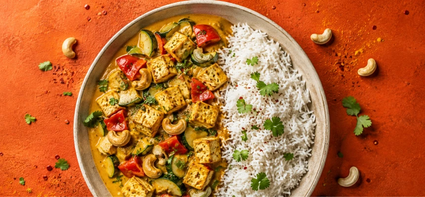 Slaný plant-based pokrm s ryžou, zeleninou a bylinkami