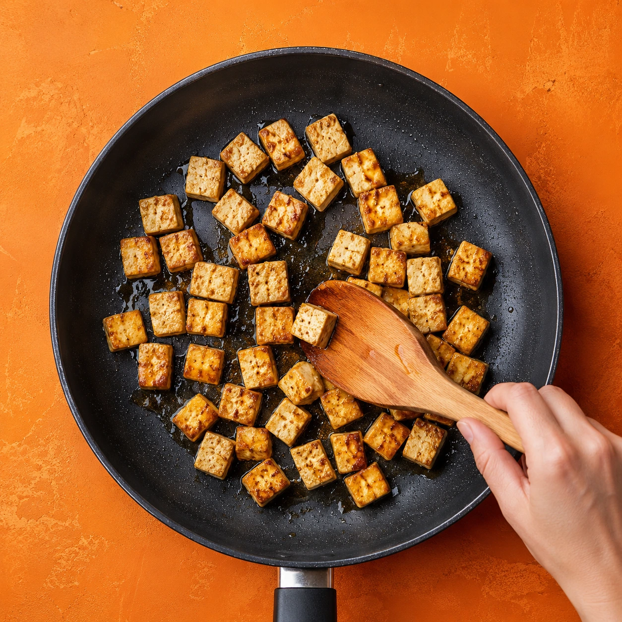 Opekanie tofu na panvici pri príprave plant-based receptu