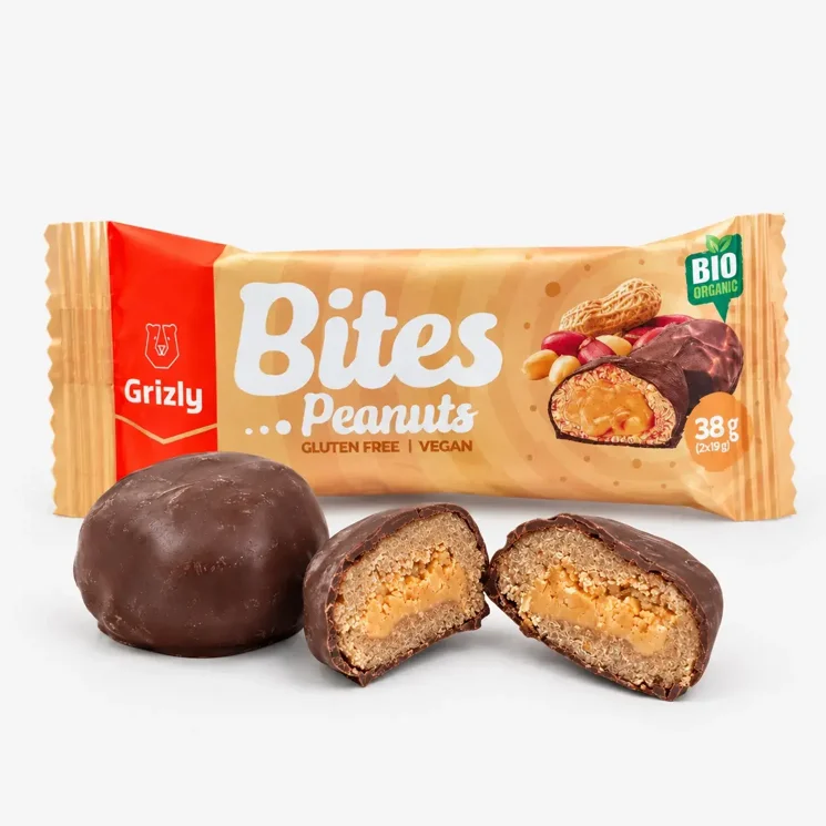 BITES Arašidové plnené mini tyčinky v horkej čokoláde BIO (2x19 g)