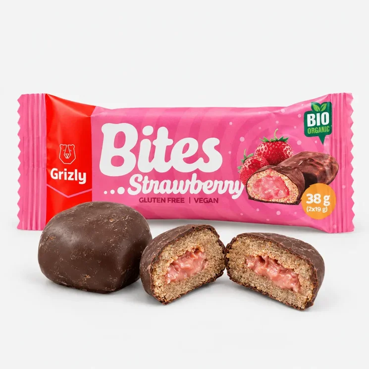 BITES Jahodové plnené mini tyčinky v horkej čokoláde BIO (2x19 g)