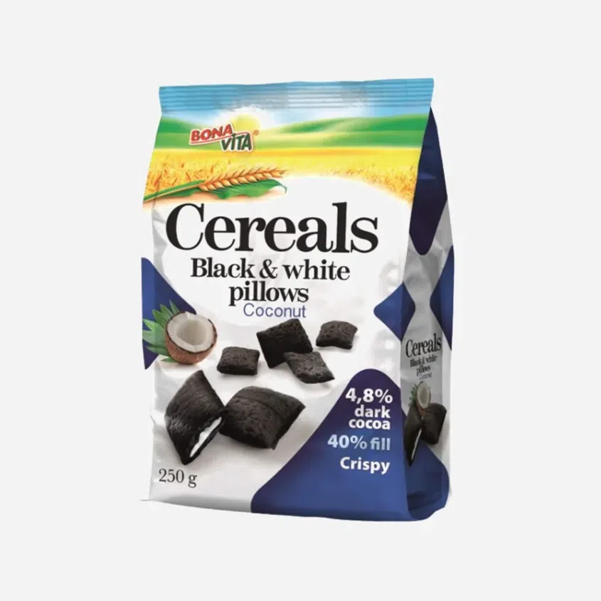 Cereálne vankúšiky s náplňou Black white pillows s kokosom