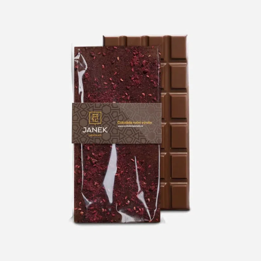 Čokoládovňa Janek Mliečna čokoláda s drvenými lyofilizovanými malinami a ostružinami