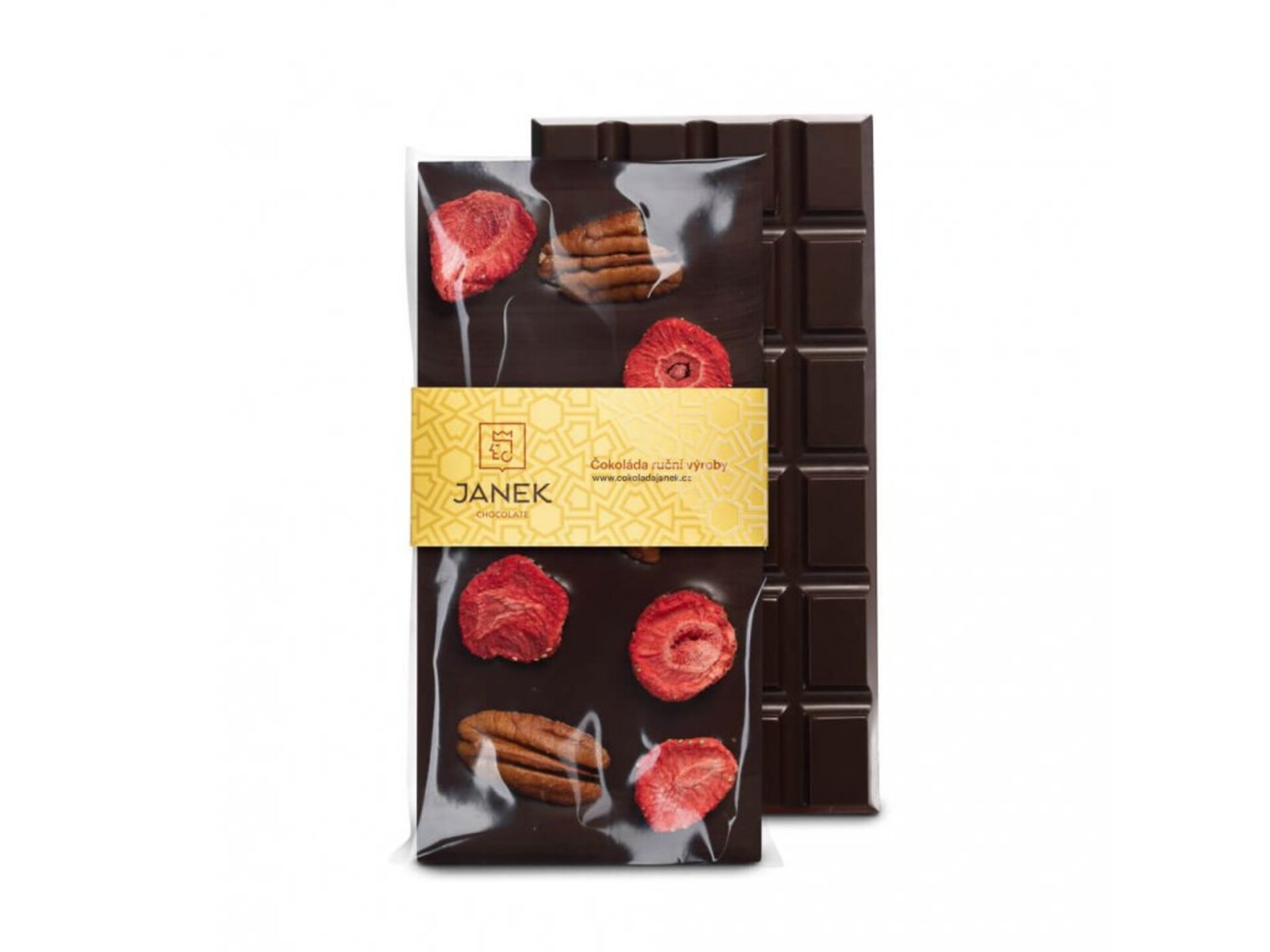 E-shop Čokoládovňa Janek Horká čokoláda s pekánmi a lyofilizovanými jahodami 95 g