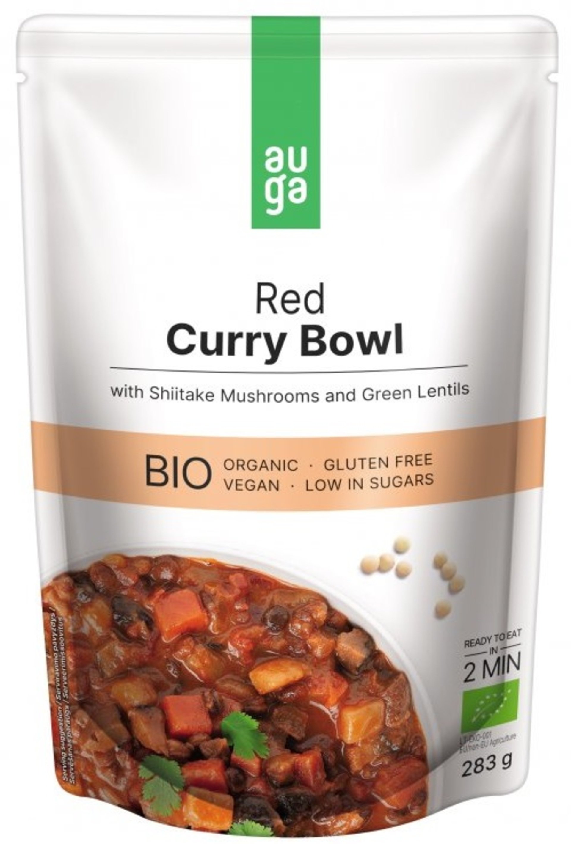 E-shop Auga Red curry bowl – s červeným karí korením, hubami shiitake a zelenou šošovicou BIO 283 g