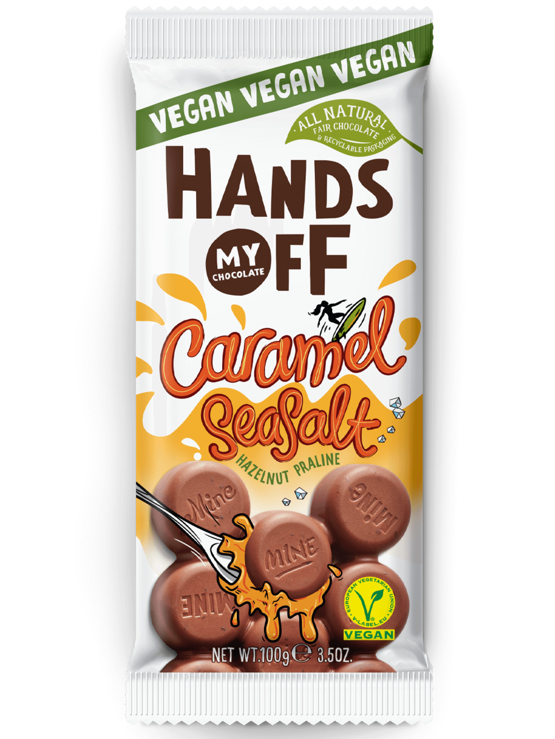 E-shop Hands off my chocolat Vegánska mliečna čokoláda s lis. pasta karamel a morská soľ 100 g