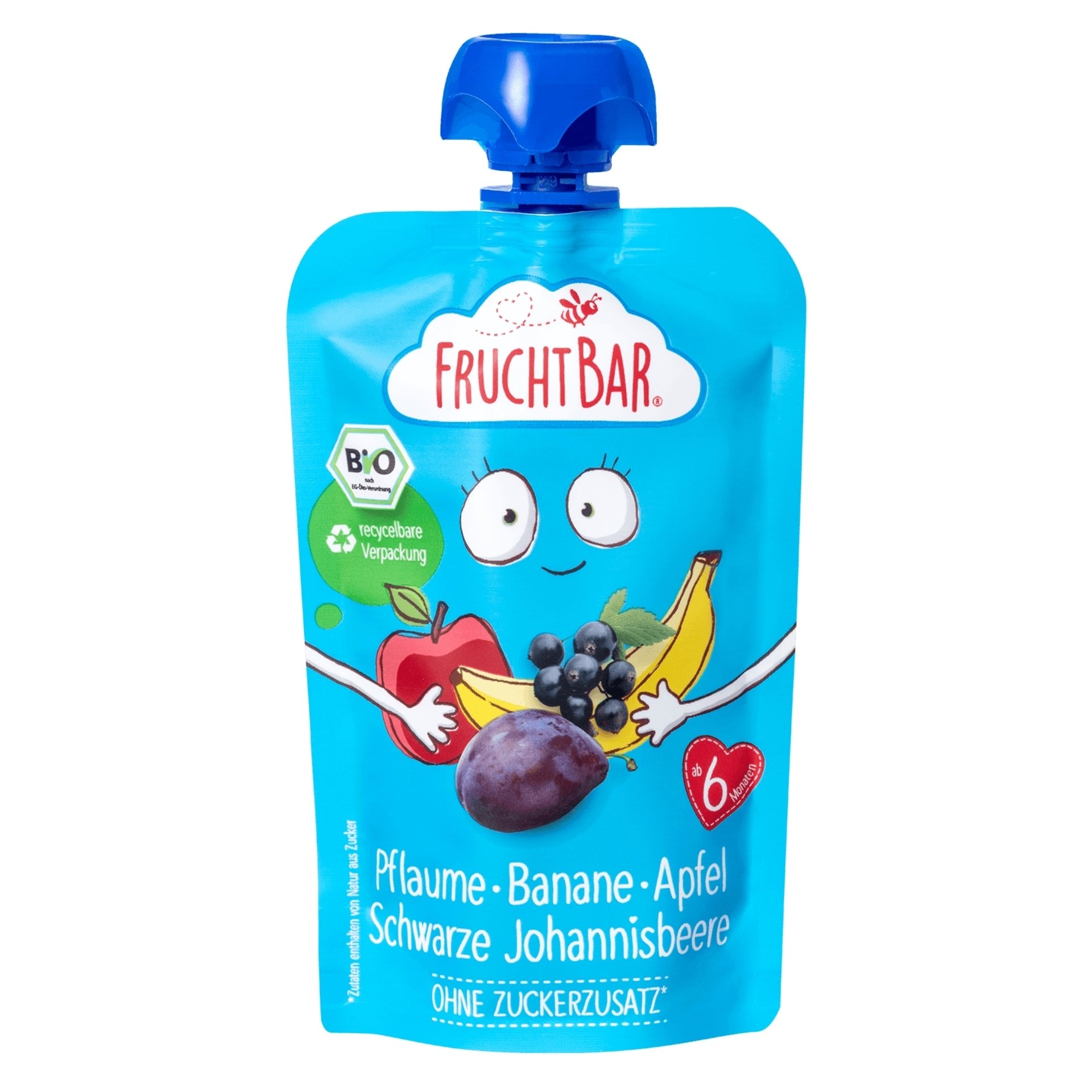 E-shop FruchtBar Ovocné vrecko s jablkom, banánom, slivkou a čiernymi ríbezľami BIO 100 g