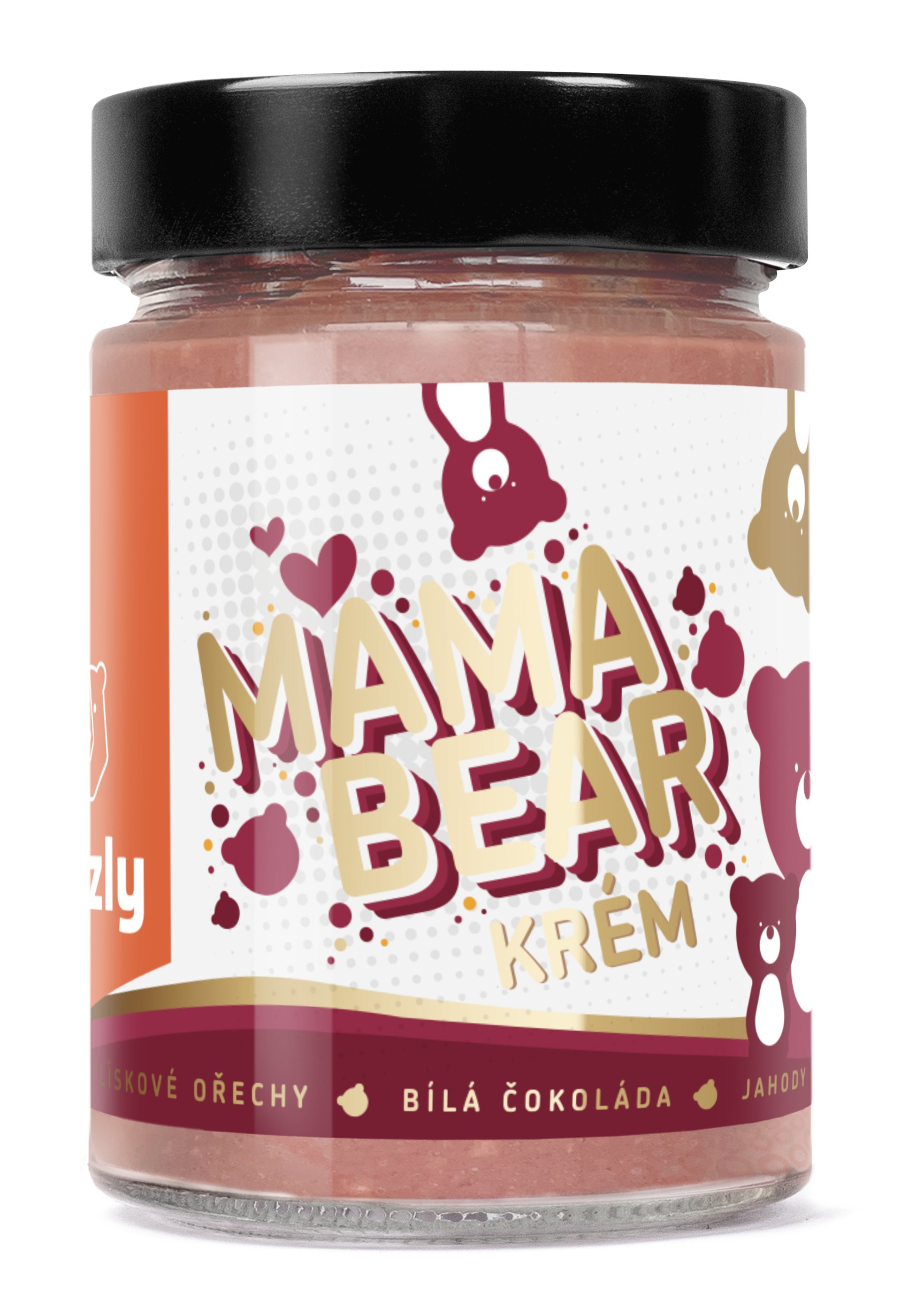GRIZLY Mama Bear Lieskovoorieškový krém s bielou čokoládou a jahodovým prachom 300 g