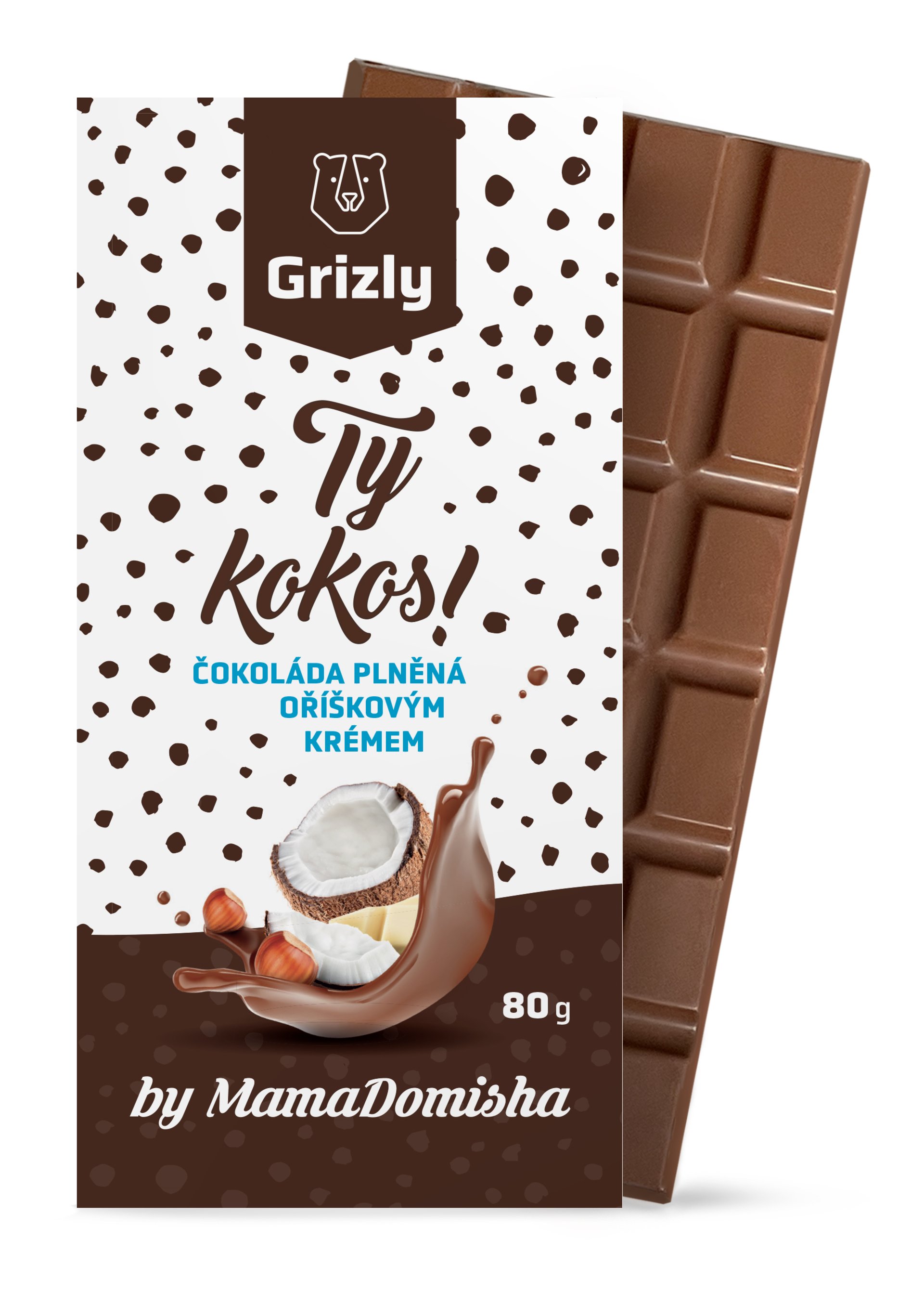 E-shop GRIZLY Mliečna čokoláda plnená orieškovým krémom Ty kokos! by @mamadomisha 80 g
