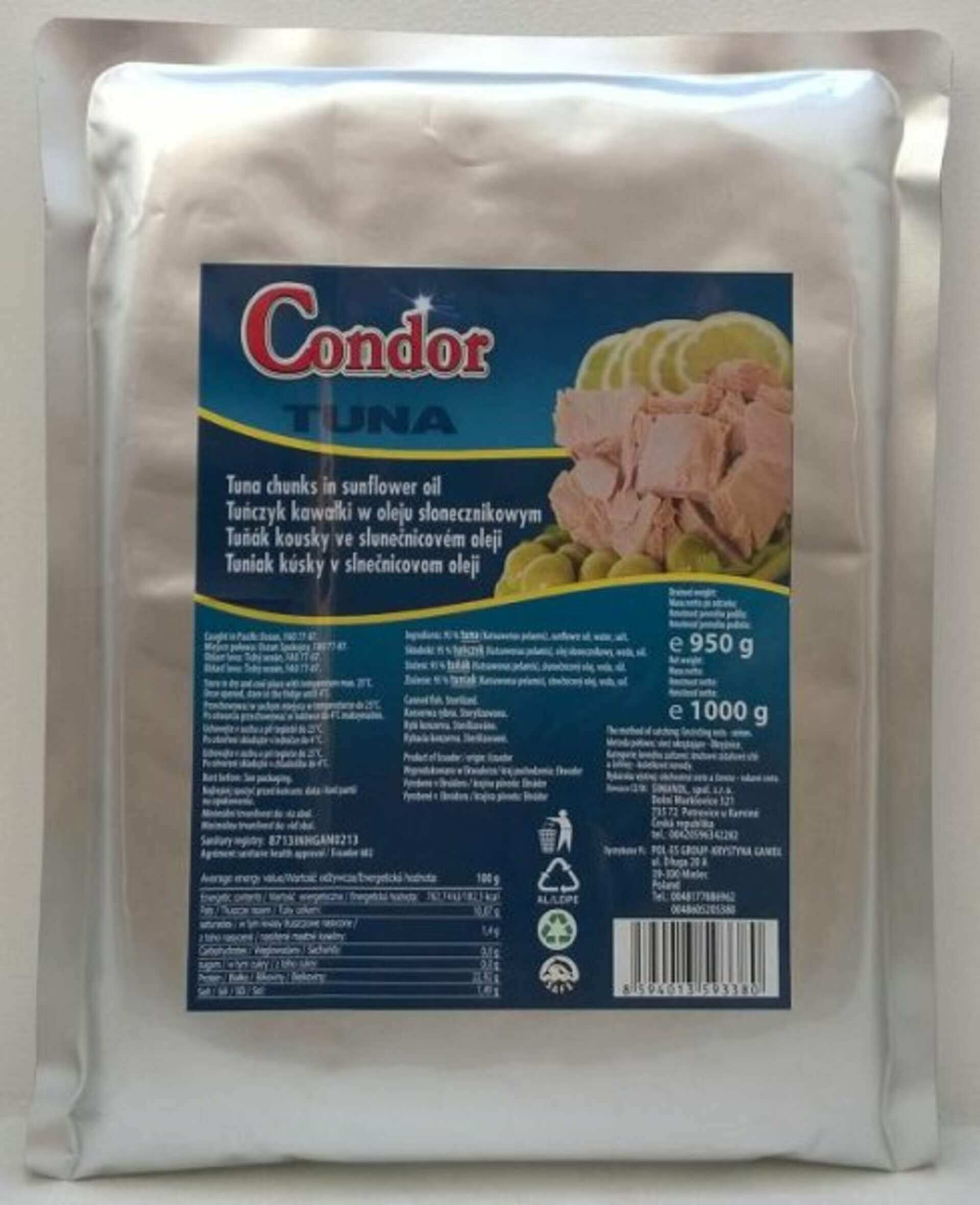 E-shop Condor Tuniak kúsky v slnečnicovom oleji 95% mäsa 1000 g