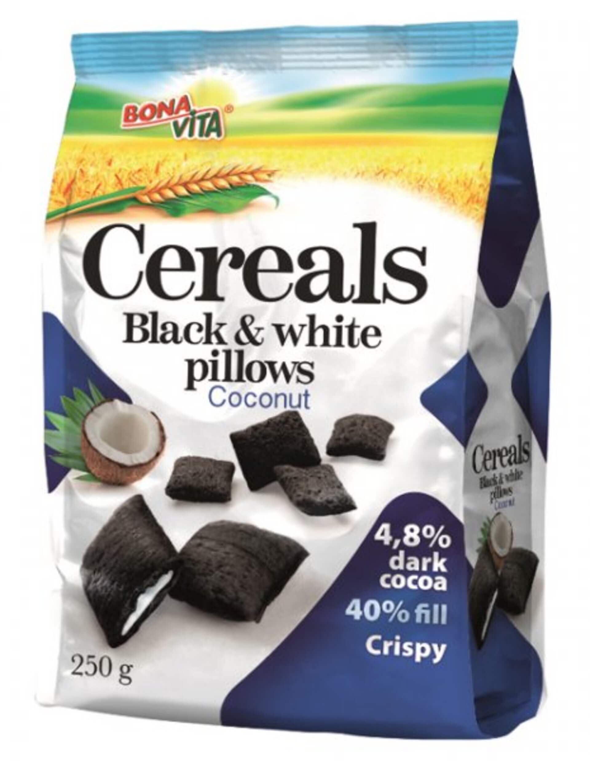 E-shop Bonavita Cereálne vankúšiky s náplňou Black white pillows s kokosom 250 g
