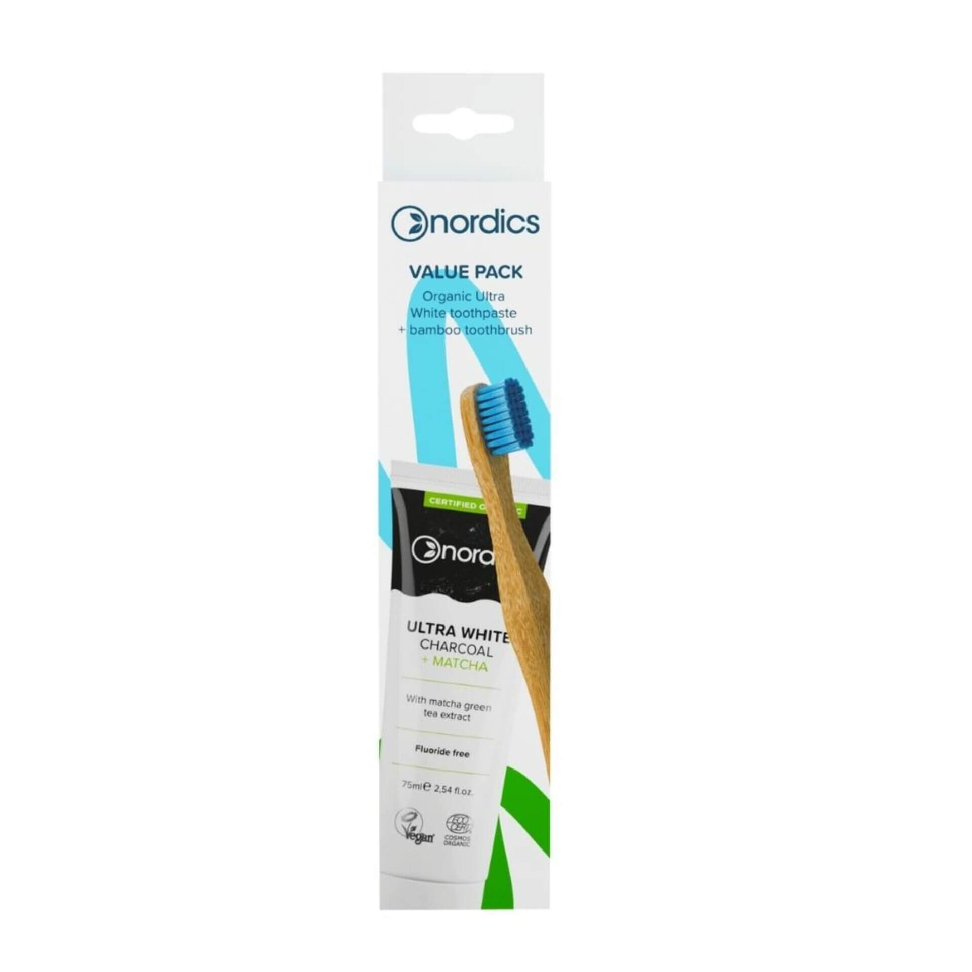 E-shop Nordics Sada - zubná pasta bieliaca s aktívnym uhlím + modrá bambusová zubná kefka