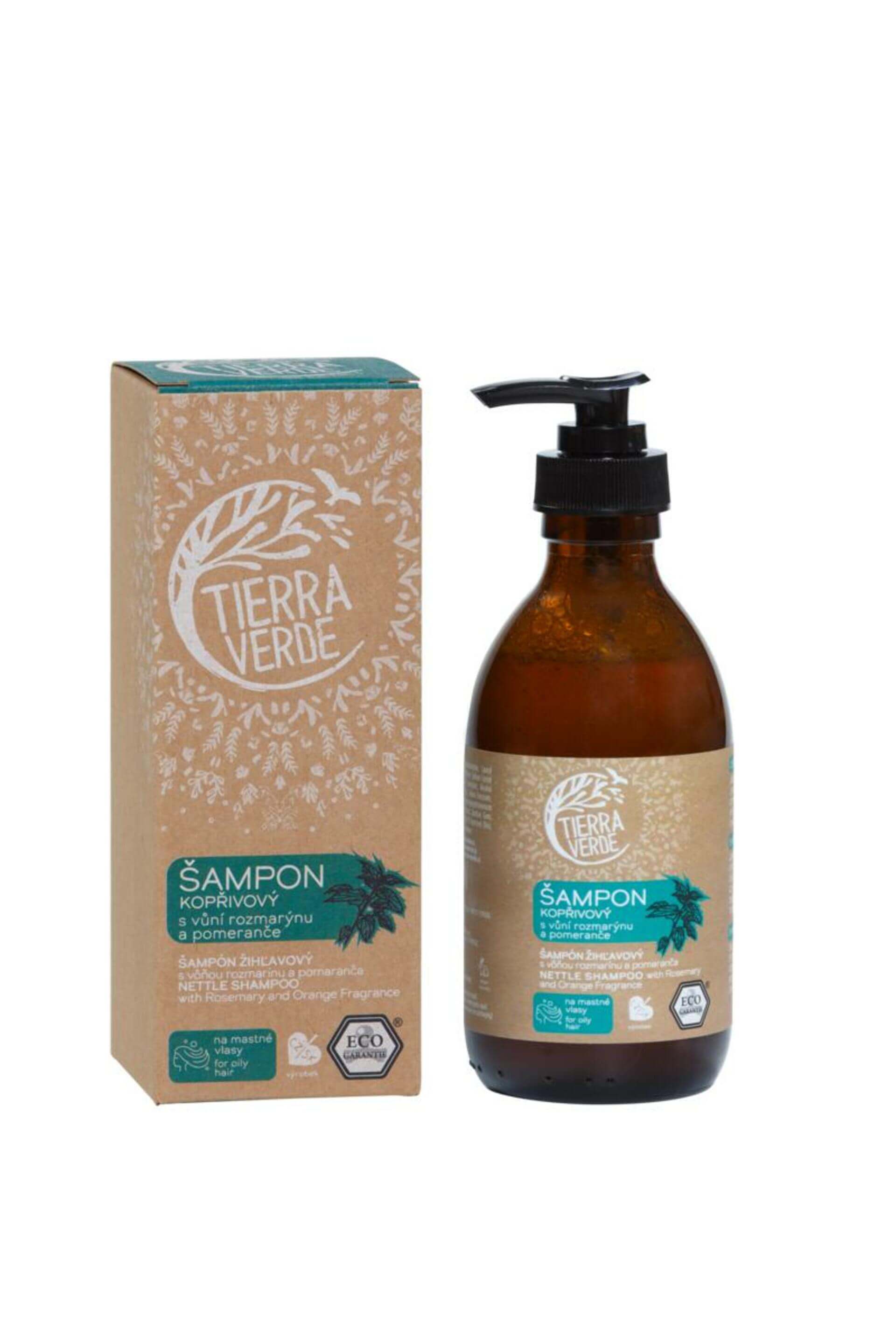 E-shop Tierra Verde Šampón žihľavový s vôňou rozmarínu a pomaranča 230 ml (sklenená fľaštička)