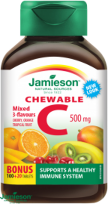 Jamieson Vitamín C 500 mg tablety na cmúľanie mix troch ovocných príchutí 120 tabliet