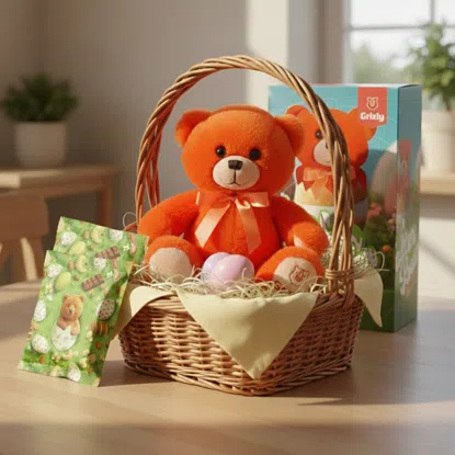 Detský veľkonočný set s plyšovým medvedíkom a výberom dobrôt