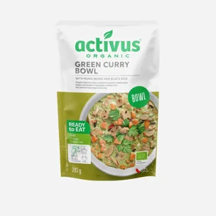 Green Curry Bowl so zeleným karí korením, fazuľami mungo a čiernou ryžou BIO