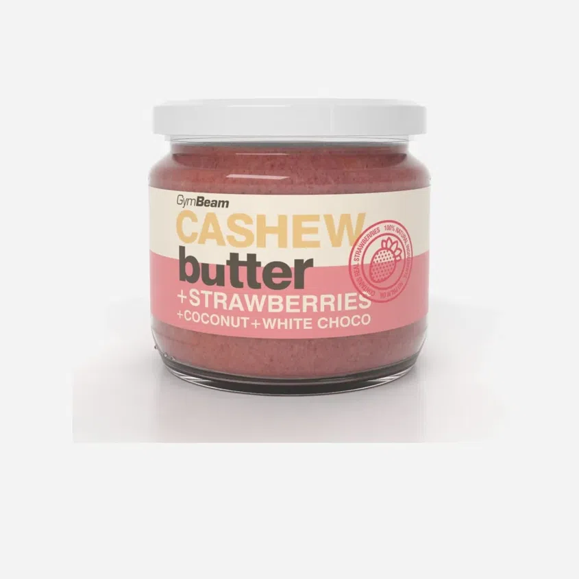 Kešu maslo s kokosom, bielou čokoládou a jahodami