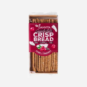 Krehké pšeničné granola plátky s kokosom, brusnicami a chia semienkami