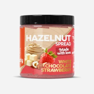 Lieskovoorieškový krém s bielou čokoládou a jahodovým prachom