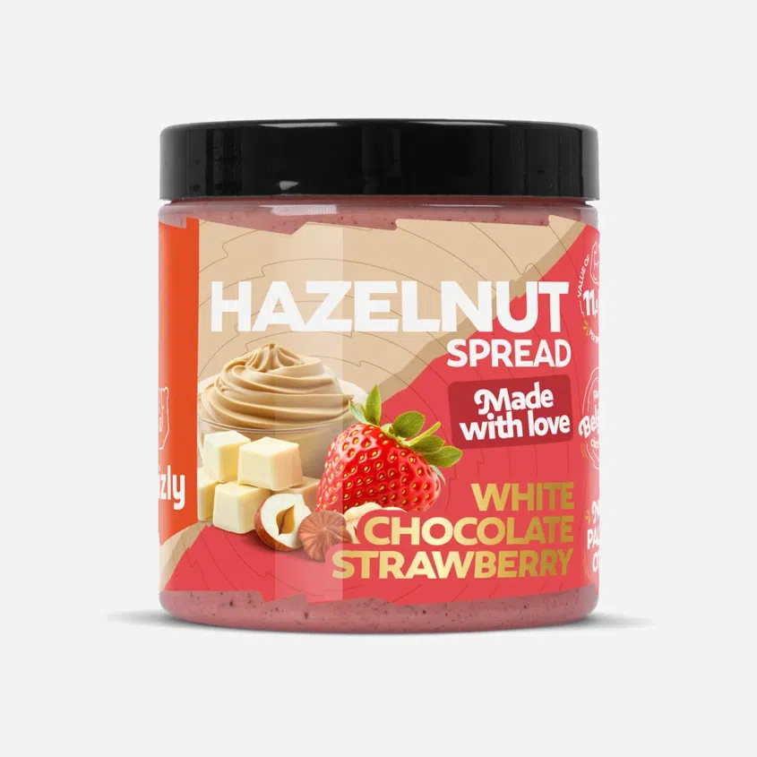 Lieskovoorieškový krém s bielou čokoládou a jahodovým prachom