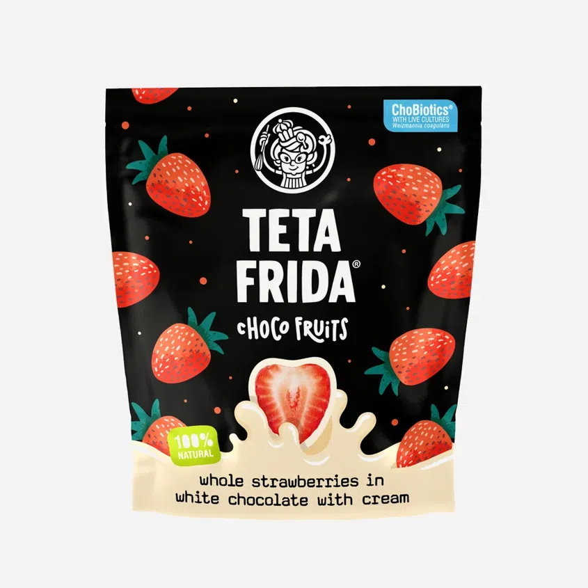 Lyofilizované jahody v bielej čokoláde.