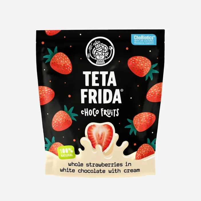 Lyofilizované jahody v bielej čokoláde.