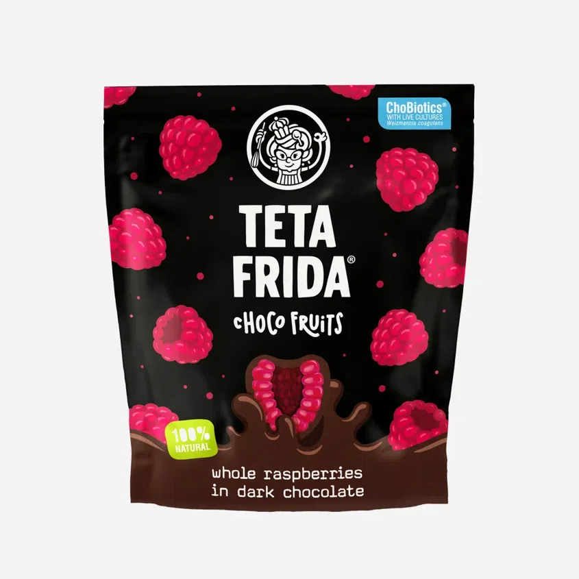 Lyofilizované maliny v horkej čokoláde