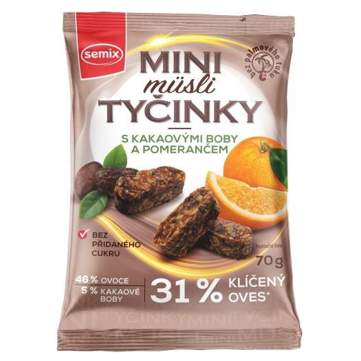 Mini müsli tyčinky s kakaovými bôbmi a pomarančom bez lepku