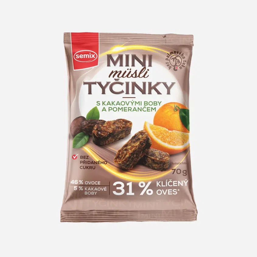 Mini müsli tyčinky s kakaovými bôbmi a pomarančom bez lepku
