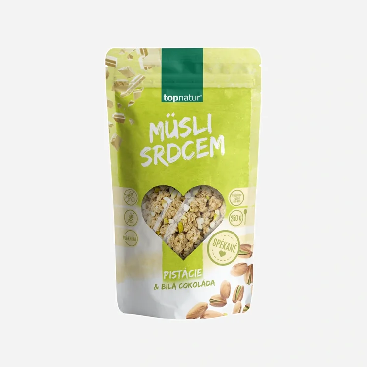 Müsli srdcom pistácie a biela čokoláda