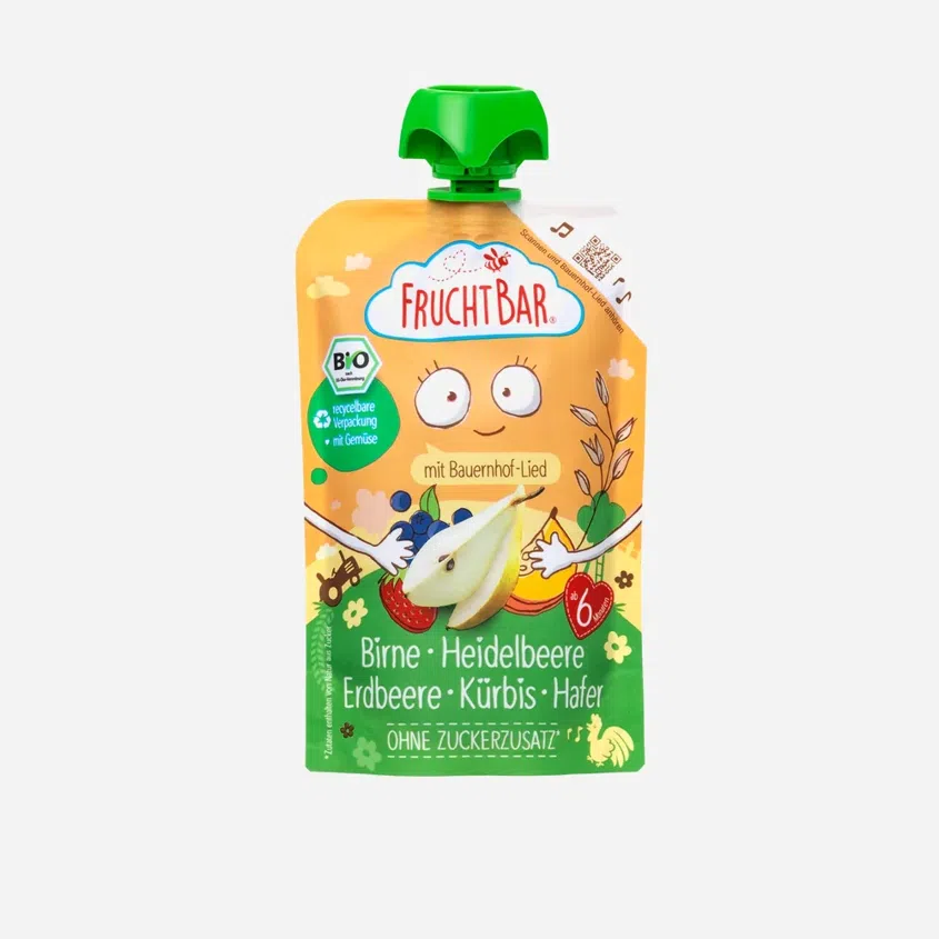 Ovocné vrecko s hruškami, čučoriedkami, jahodami, tekvicou a ovsenými vločkami BIO