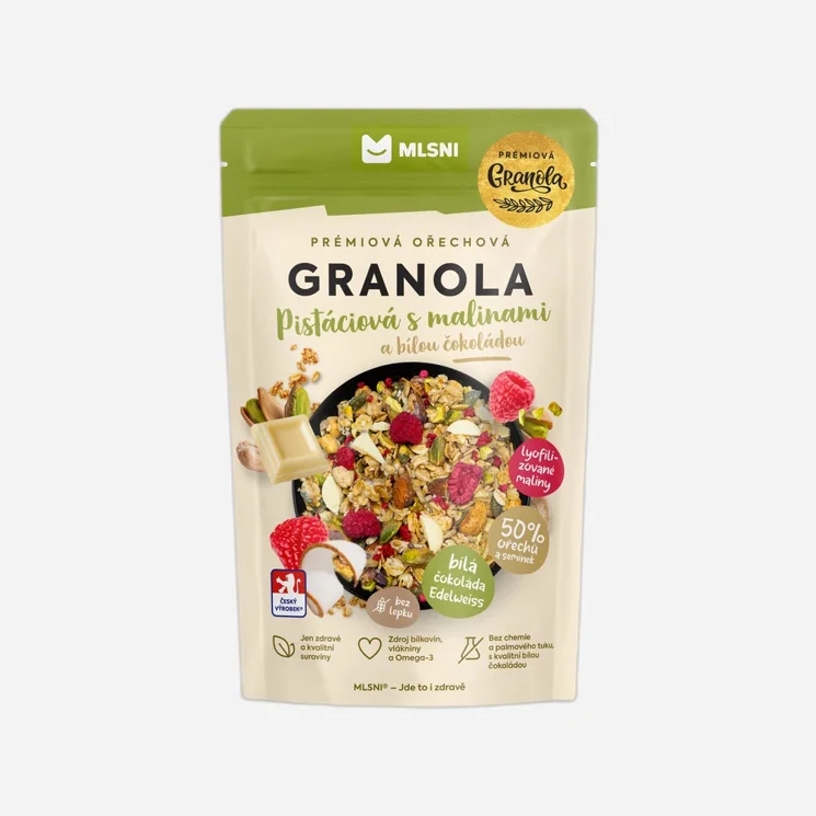 Pistáciová granola s malinami a bílou čokoládou