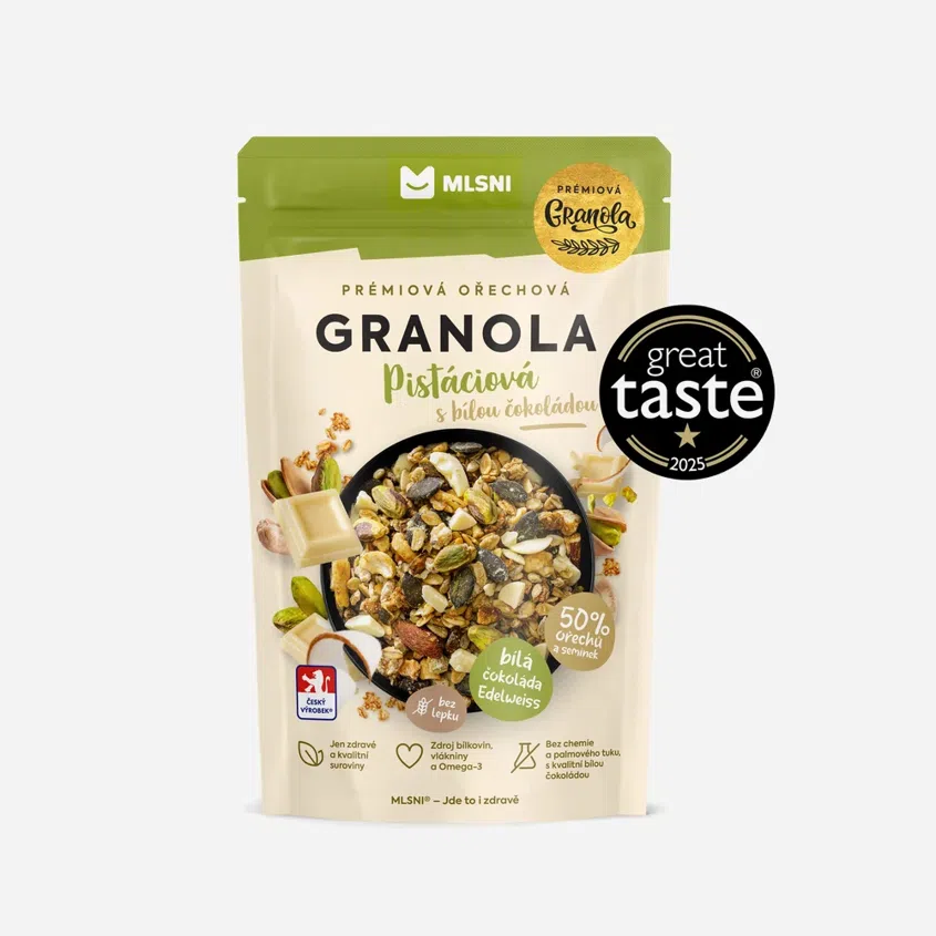 Prémiová granola Chrumkava Pistáciová s bielou čokoládou