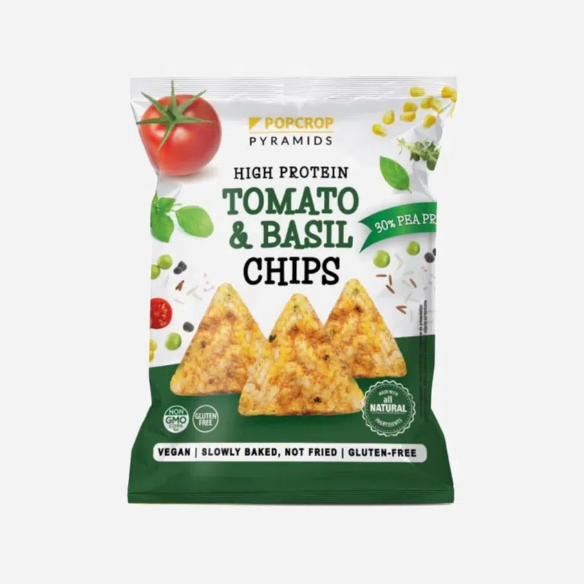 Proteínové chipsy s paradajkovo - bazalkovou príchuťou