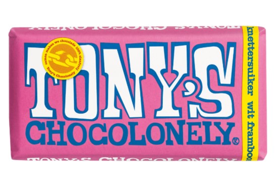 Tony 's  Chocolonely Biela čokoláda, maliny a praskajúci cukor