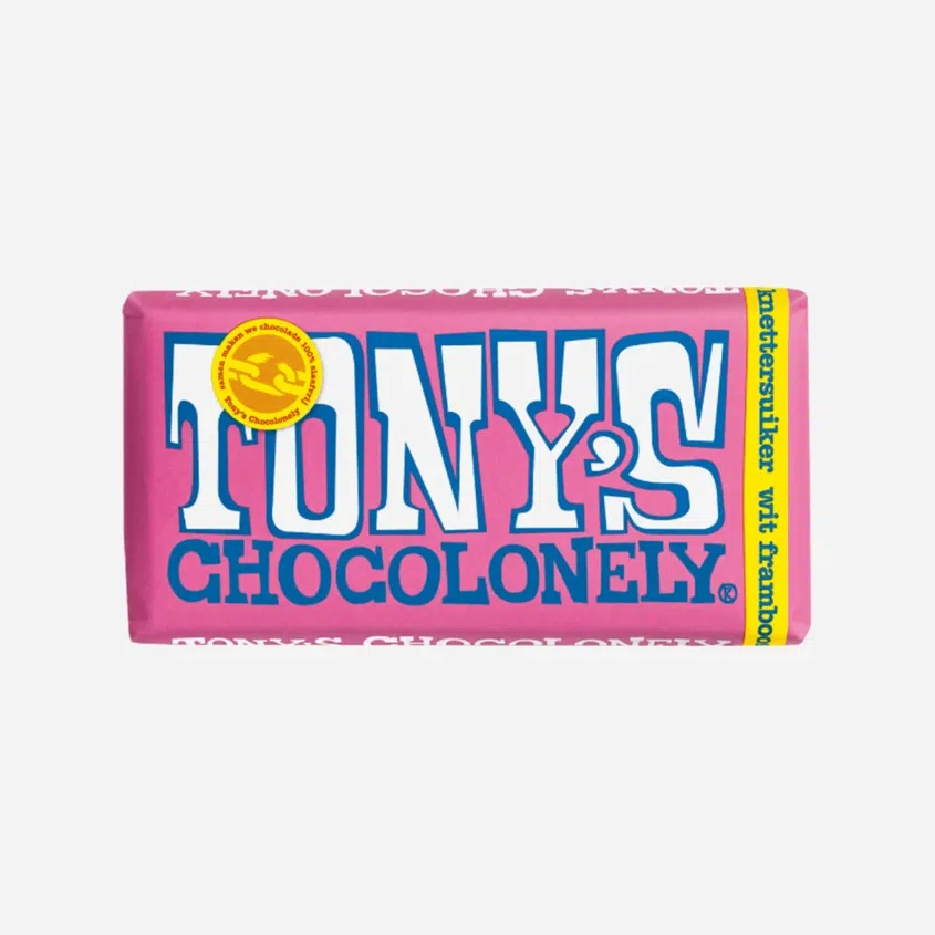 Tony 's  Chocolonely Biela čokoláda, maliny a praskajúci cukor