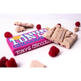 Tony 's  Chocolonely Biela čokoláda, maliny a praskajúci cukor